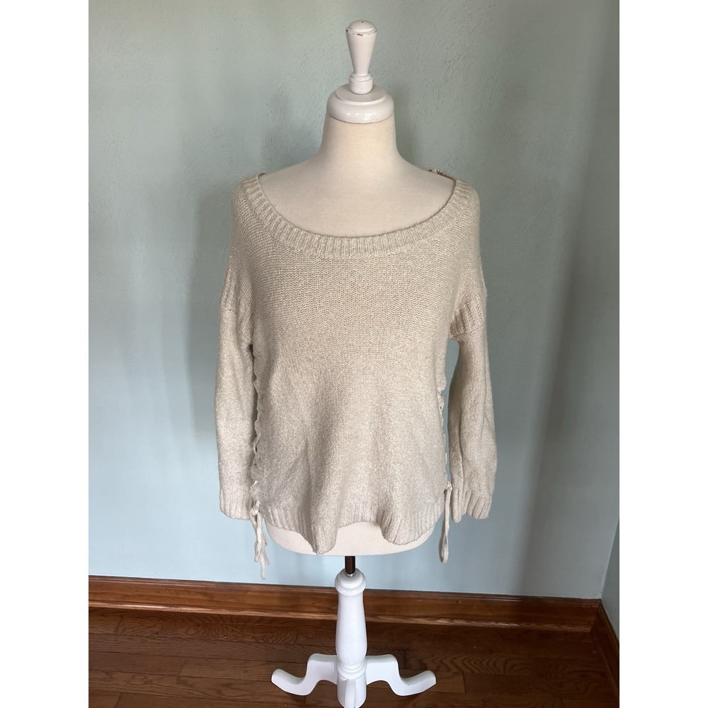 Lucky Brand Cream Soft Silver‎ Metallic Lace Up Sweater Sz M Cozycore Cabincore